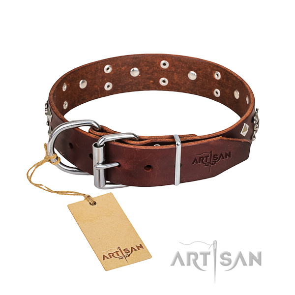 Comfortable wearing dog collar of best quality genuine leather with embellishments