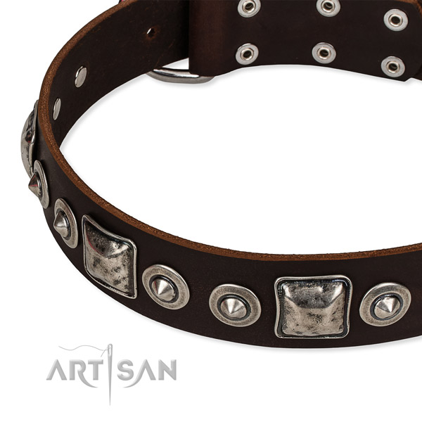Full grain natural leather dog collar made of soft to touch material with embellishments