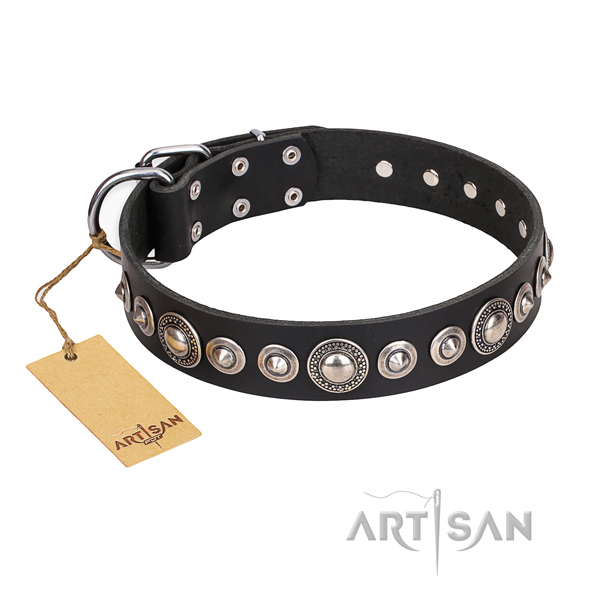 Genuine leather dog collar made of flexible material with durable hardware