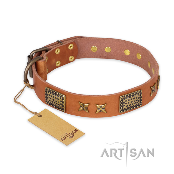 Adjustable natural genuine leather dog collar with rust resistant D-ring