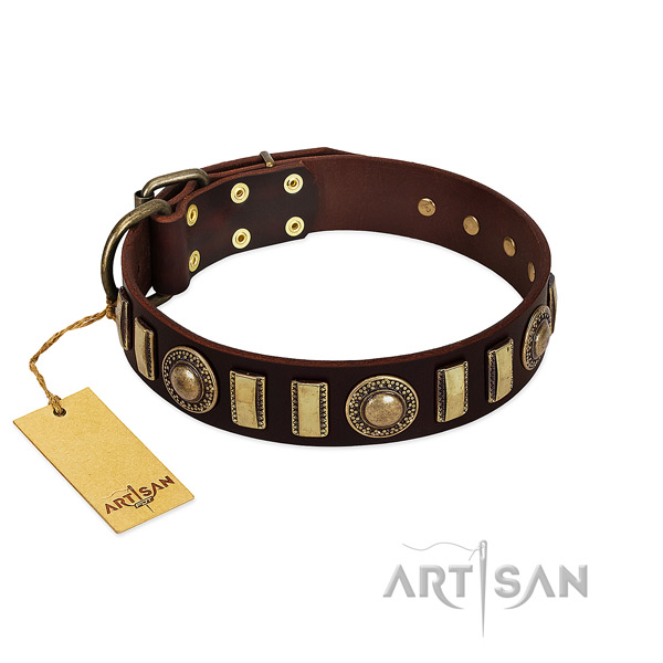 Gentle to touch genuine leather dog collar with rust resistant traditional buckle