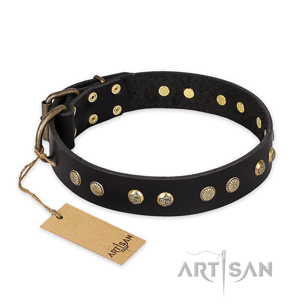 Adorned full grain genuine leather dog collar with corrosion proof hardware