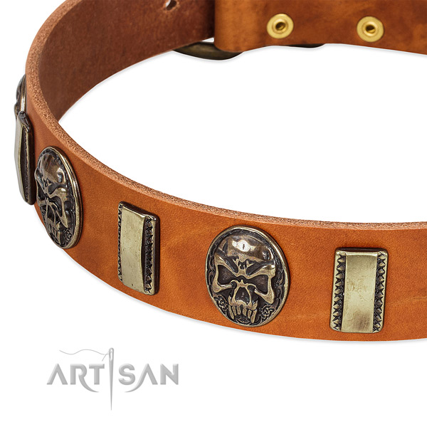 Corrosion resistant D-ring on full grain natural leather dog collar for your pet