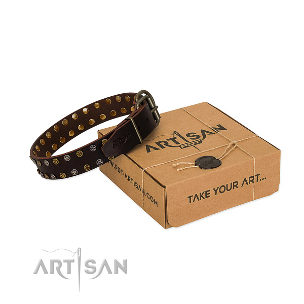 Easy wearing soft to touch full grain genuine leather dog collar with decorations