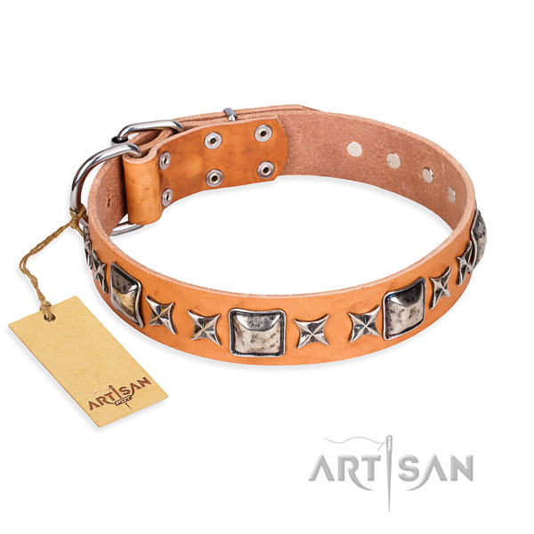 Handy use dog collar of strong full grain genuine leather with decorations