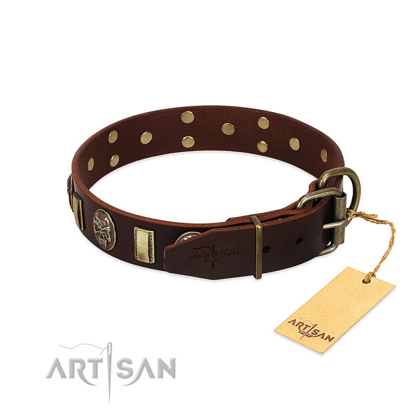 Leather dog collar with corrosion resistant D-ring and adornments