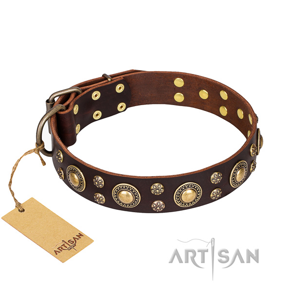 Comfy wearing dog collar of durable full grain leather with decorations