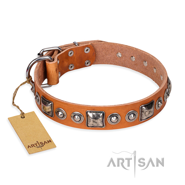Natural genuine leather dog collar made of soft to touch material with corrosion proof fittings