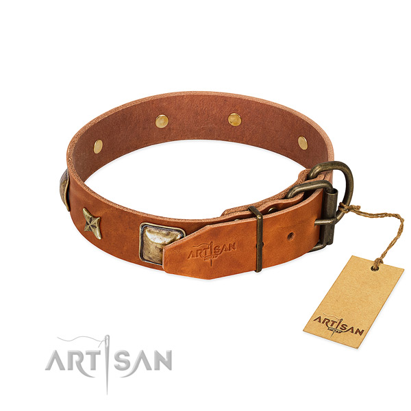Natural genuine leather dog collar with durable traditional buckle and decorations