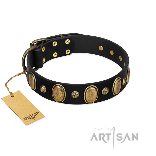 Full grain genuine leather dog collar of top rate material with awesome adornments