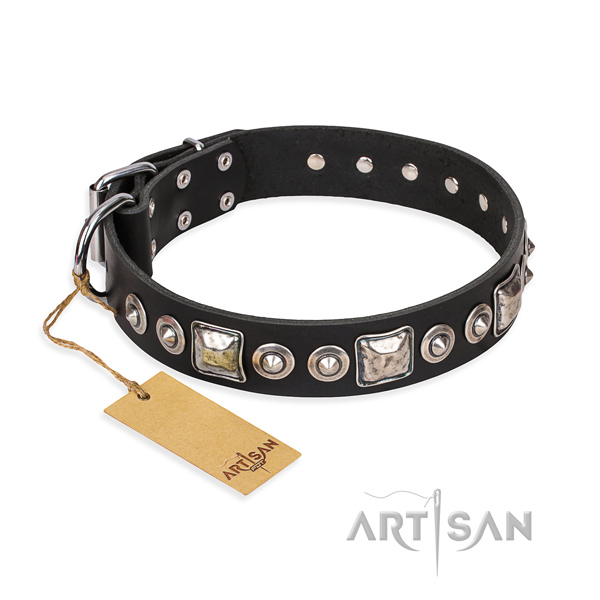 Natural genuine leather dog collar made of flexible material with strong hardware