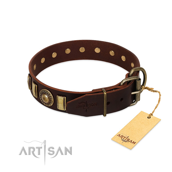 Exquisite full grain genuine leather dog collar with corrosion proof traditional buckle