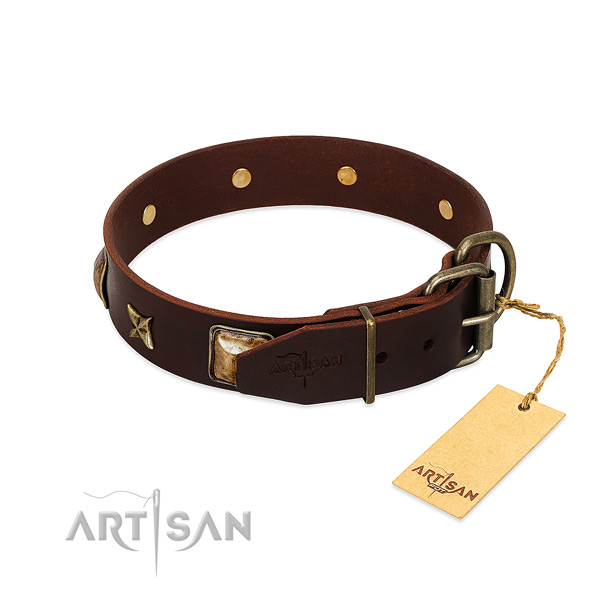 Full grain natural leather dog collar with reliable D-ring and decorations