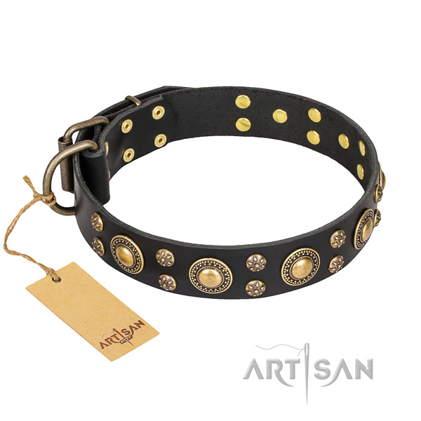 Easy wearing dog collar of durable full grain genuine leather with decorations