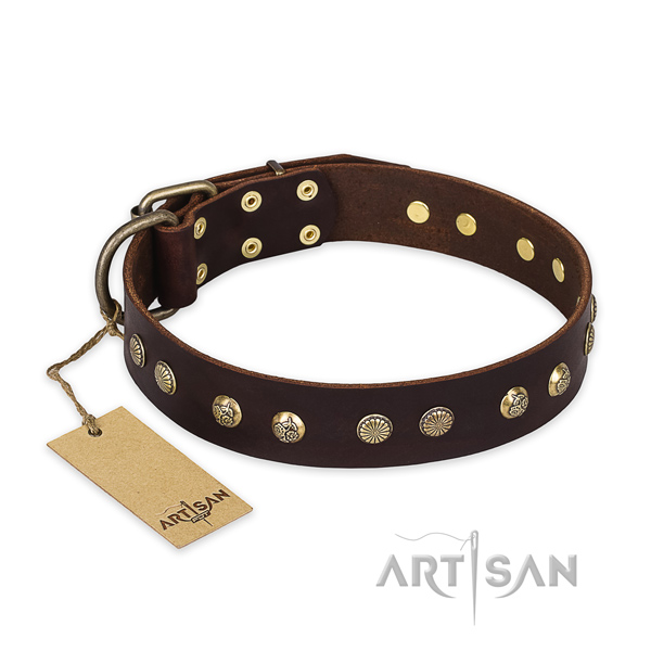 Handmade full grain natural leather dog collar with rust-proof D-ring