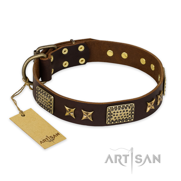 Extraordinary natural genuine leather dog collar with rust-proof fittings