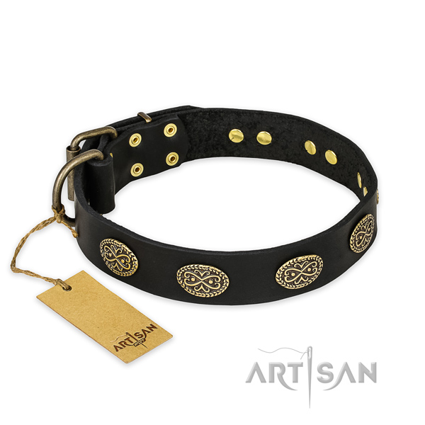 Adorned full grain leather dog collar with rust resistant D-ring