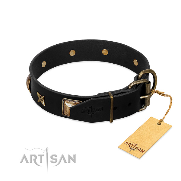 Durable buckle on natural genuine leather collar for fancy walking your pet