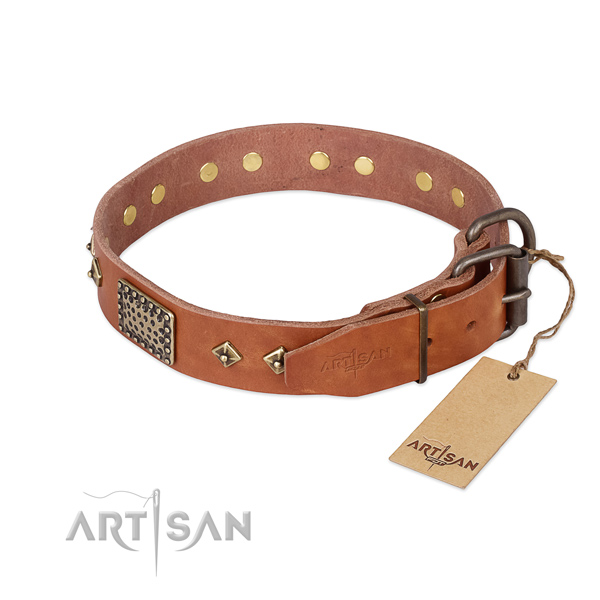 Full grain natural leather dog collar with rust resistant D-ring and decorations