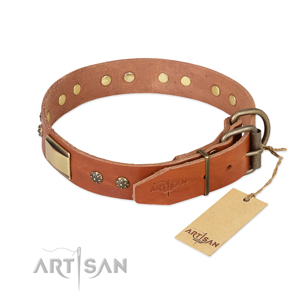 Full grain leather dog collar with rust resistant buckle and decorations