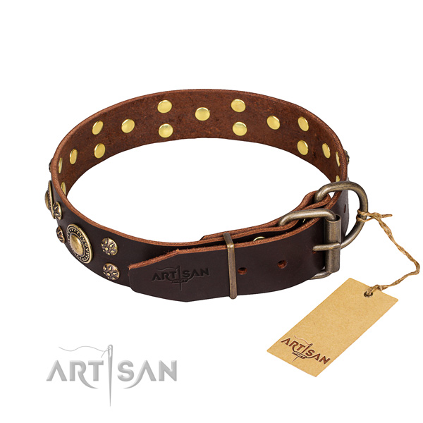 Handy use adorned dog collar of strong full grain natural leather