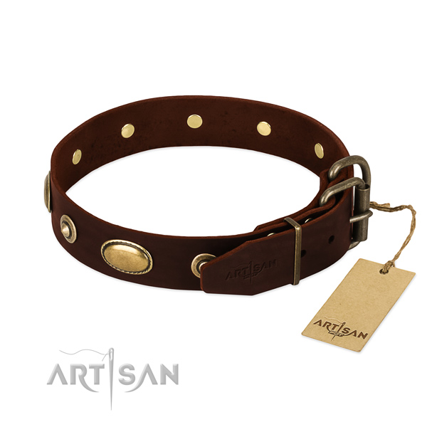 Reliable traditional buckle on full grain natural leather dog collar for your canine