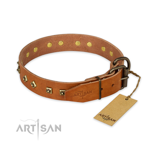 Reliable D-ring on full grain leather collar for stylish walking your four-legged friend