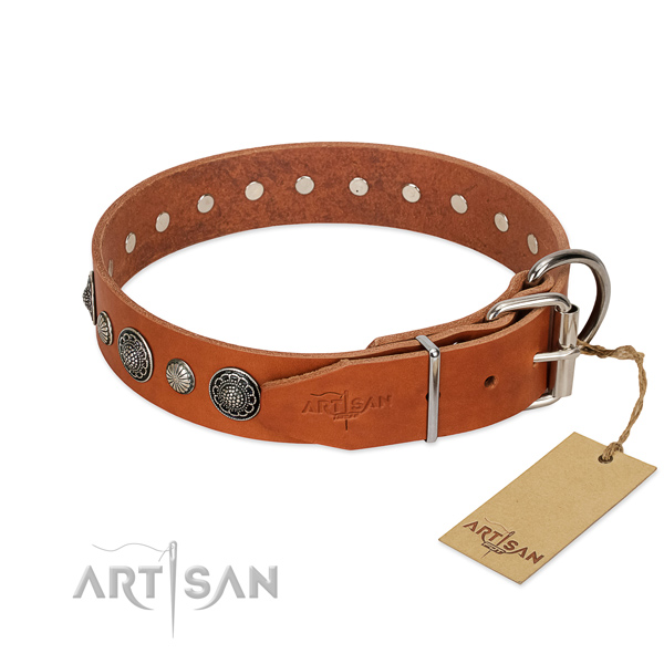Soft to touch genuine leather dog collar with rust-proof fittings