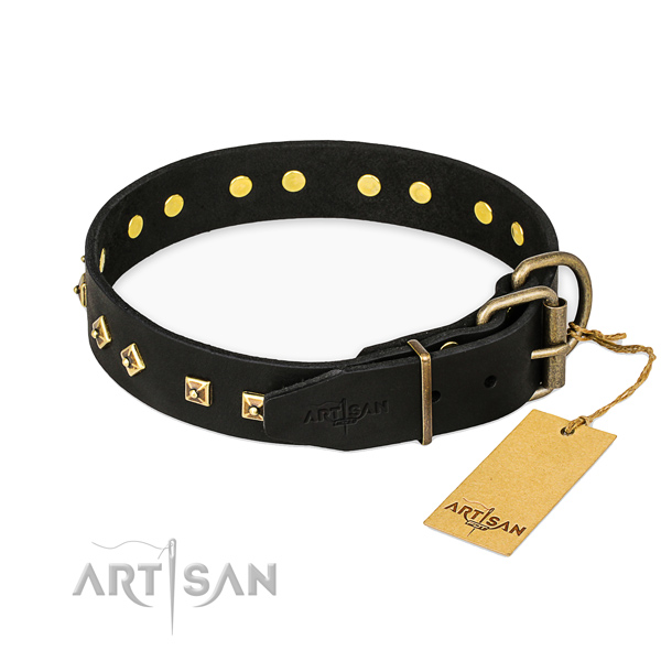 Strong hardware on genuine leather collar for daily walking your pet