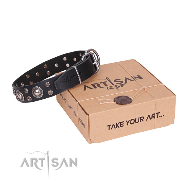 Daily use dog collar of high quality genuine leather with decorations
