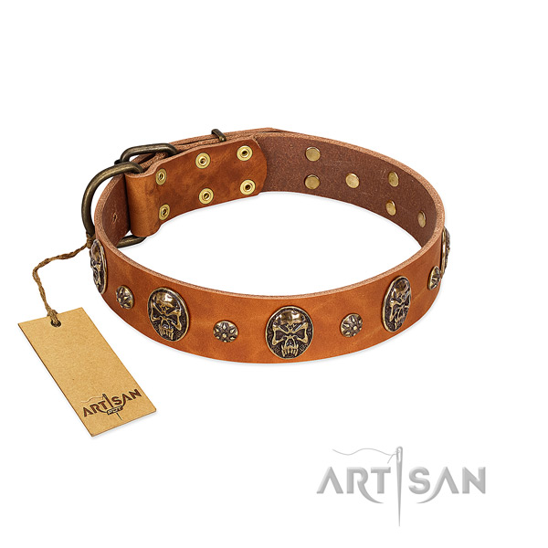 Adorned natural genuine leather collar for your dog