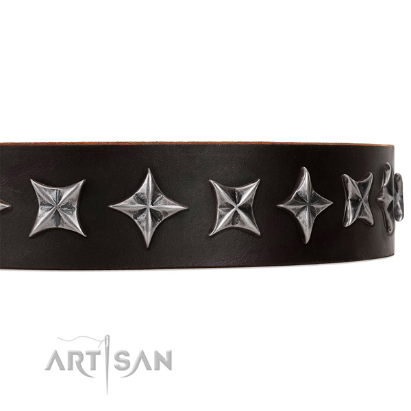 Comfortable wearing adorned dog collar of fine quality full grain natural leather