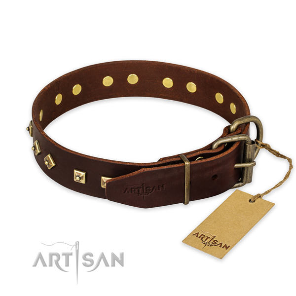 Rust resistant D-ring on full grain natural leather collar for basic training your doggie