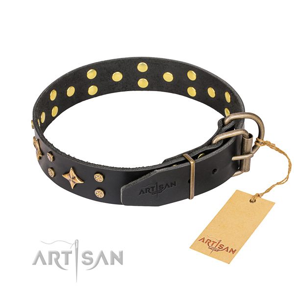 Handy use decorated dog collar of reliable full grain natural leather