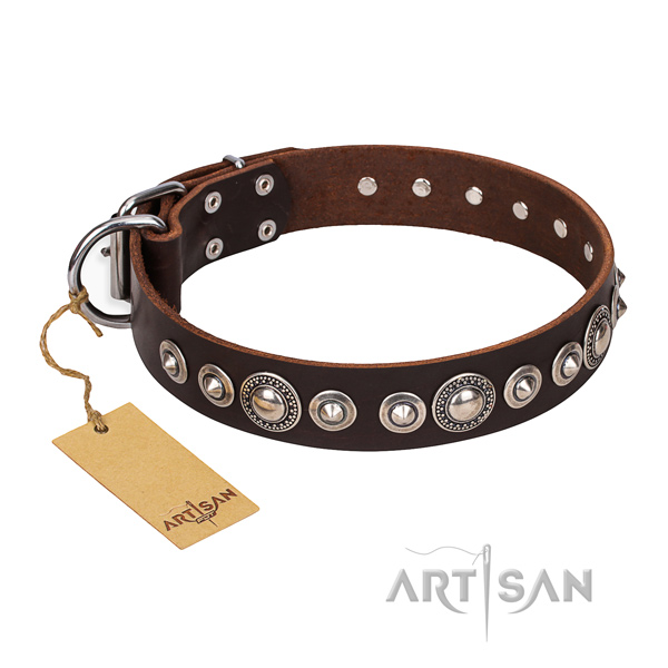 Strong decorated dog collar of full grain genuine leather