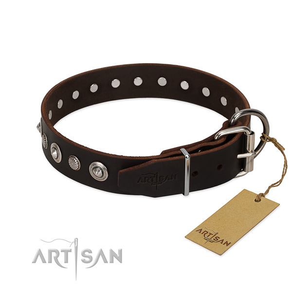 Strong natural leather dog collar with stylish decorations