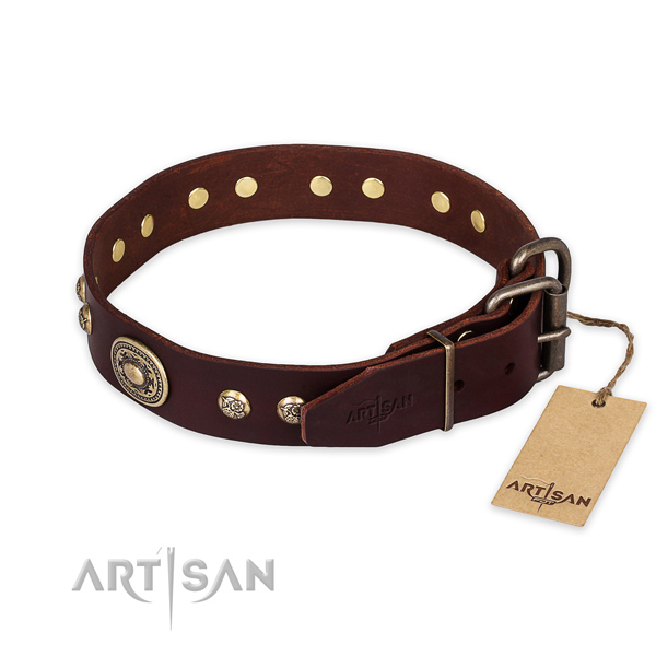 Corrosion resistant D-ring on full grain genuine leather collar for stylish walking your four-legged friend
