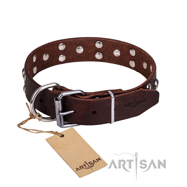 Everyday use dog collar of high quality full grain genuine leather with embellishments
