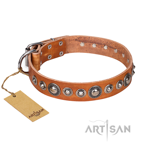 Full grain leather dog collar made of top rate material with corrosion resistant D-ring