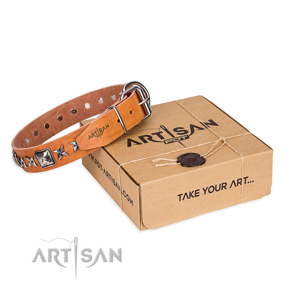 Comfortable wearing dog collar of durable full grain leather with adornments