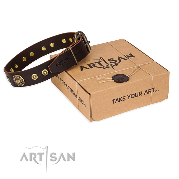 Full grain natural leather dog collar made of soft material with strong traditional buckle
