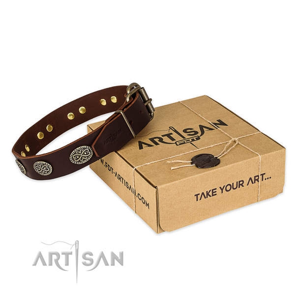 Strong fittings on natural genuine leather collar for your attractive dog