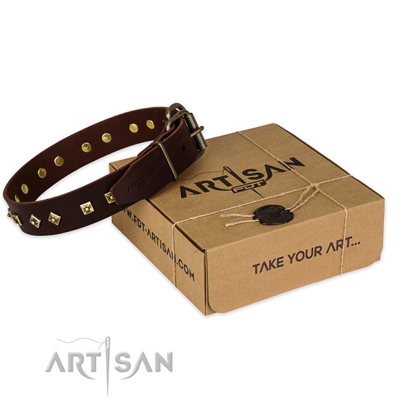 Strong hardware on full grain natural leather dog collar for comfy wearing
