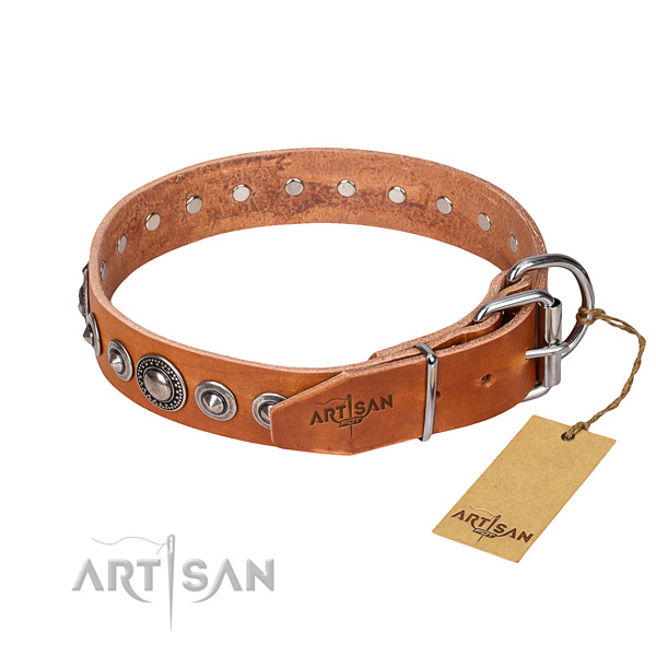 Leather dog collar made of quality material with corrosion resistant adornments