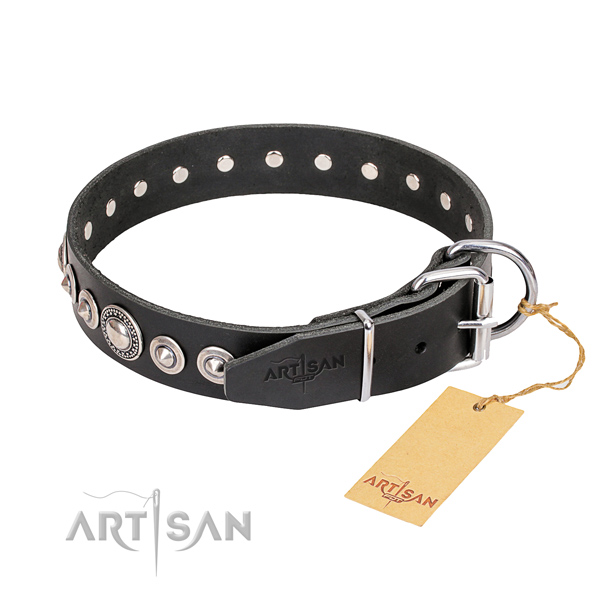 Strong decorated dog collar of genuine leather