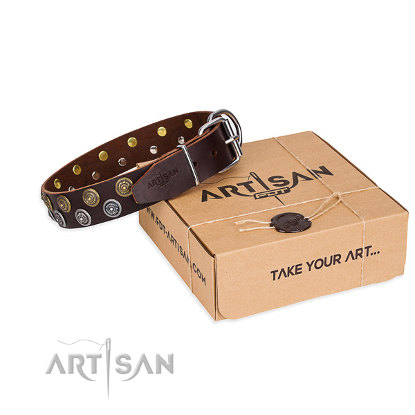 Handy use dog collar of finest quality full grain genuine leather with embellishments