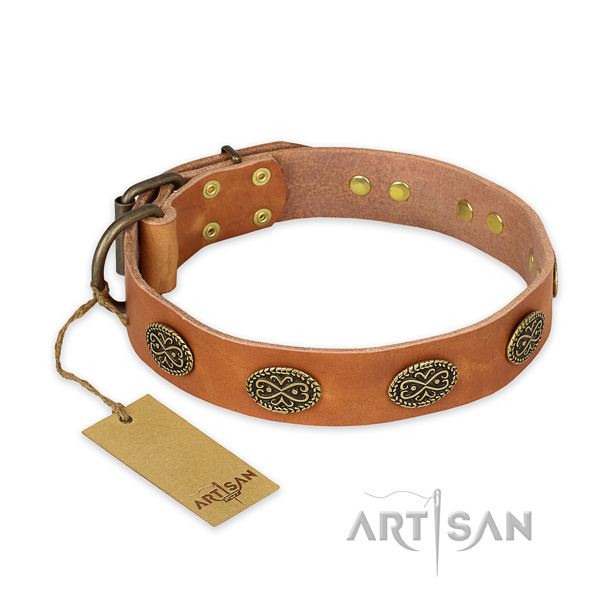 Adorned natural genuine leather dog collar with corrosion proof buckle