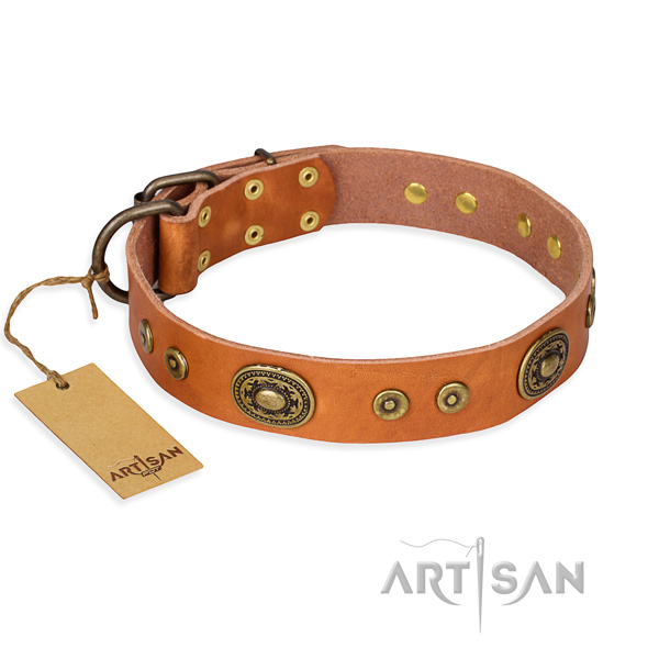 Natural genuine leather dog collar made of quality material with durable buckle