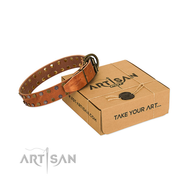 Handy use top rate full grain natural leather dog collar with decorations