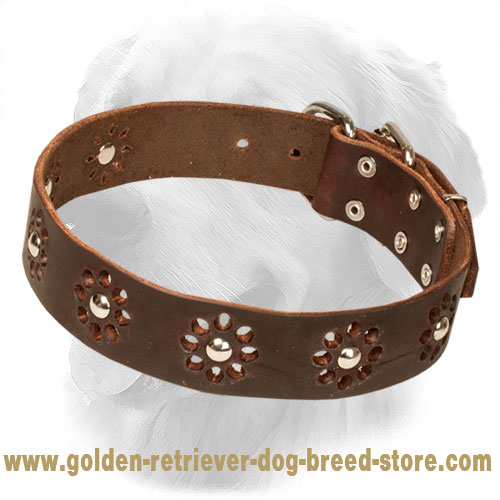 Fancy Flower Design Leather Golden Retriever Collar C8 1046